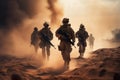 Special military soldiers walking in a smoky desert during a mission