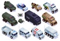 Special military transport of Police, Border Patrol and Peacekeepers Set collection, special equipment with isometric icons on iso