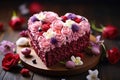 Special occasion treat, heart shaped cake adorned with flowers on wood Royalty Free Stock Photo