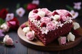 Special occasion treat, heart shaped cake adorned with flowers on wood Royalty Free Stock Photo