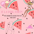 Summer pool party poster. Waterlemon fruits, pink background with girl. Vector beach holiday party Royalty Free Stock Photo