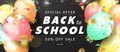 Special offer Back to School Sale. Advertising banner with colorful balloons and flying serpentine. Vector illustration Royalty Free Stock Photo