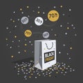Special offer black friday discount symbol with white shopping bag, flying labels and confetti Royalty Free Stock Photo