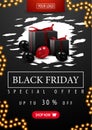 Special offer, Black Friday sale, up to 50% off, discount vertical black banner with abstract ragged shape, black gifts.