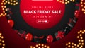 Special offer, Black Friday Sale, up to 50% off, red and black discount banner with large decorative circles on background.