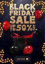 Special offer, Black Friday Sale, up to 50% off, vertical blue discount banner with large golden offer, red and black balloons.