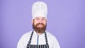 Special offer from chef. Confident bearded happy chef white uniform. Try something special. My secret tips culinary