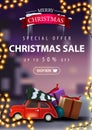 Special Offer, Christmas Sale, Up To 50% Off, Beautiful Discount Banner With Garland And Red Vintage Car Carrying Christmas Tree