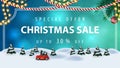 Special offer, Christmas sale, up to 30% off, blue discount banner with vintage frame, garlands, Christmas tree Royalty Free Stock Photo