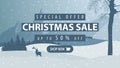 Special offer, Christmas sale, up to 50% off, beautiful discount banner with mountains, pines, forest, snow falling, lonely tree