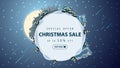 Special offer, Christmas sale, up to 50% off, beautiful discount banner with silhouette of the planet, pines, drifts, mountain Royalty Free Stock Photo