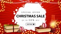 Special offer, Christmas sale, up to 50% off, beautiful red discount banner with antique lamp, Christmas books, Christmas ball