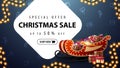 Special offer, Christmas sale, up to 50% off, blue discount banner with decorative white large figures, garland.
