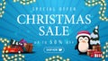 Special offer, Christmas sale, up to 50% off, blue discount banner with garland, red vintage car carrying Christmas tree. Royalty Free Stock Photo