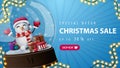 Special offer, Christmas sale, up to 30% off, blue discount banner with large snow globe with snowman in Santa Claus hat.