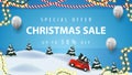 Special offer, Christmas sale, up to 50% off, blue discount banner with white balloons, garlands and cartoon winter landscape Royalty Free Stock Photo