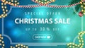 Special offer, Christmas sale, up to 30% off, blue horizontal discount banner with vintage frame, garland Royalty Free Stock Photo