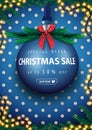 Special offer, Christmas sale, up to 50% off, blue vertical discount banner with big blue Christmas ball with offer, garland.