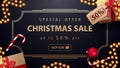 Special offer, Christmas sale, up to 50% off, dark blue discount banner with garland, gold vintage frame and presents, top view