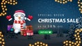 Special offer, Christmas sale, up to 50% off, discount banner with winter landscape on background, green button, garland. Royalty Free Stock Photo