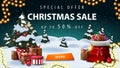 Special offer, Christmas sale, up to 50% off, discount banner with winter landscape. starry sky, garland, button, Christmas tree