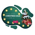 Special offer, Christmas sale, up to 50% off, green discount banner in lava lamp style with yellow bulb, pink button. Royalty Free Stock Photo