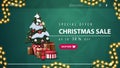 Special offer, Christmas sale, up to 30% off, green discount banner for website with polygonal texture, garland, pink button Royalty Free Stock Photo