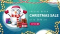 Special offer, Christmas sale, up to 30% off, green horizontal banner with garlands, white big circle, pink button and snowman. Royalty Free Stock Photo