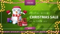 Special offer, Christmas sale, up to 50% off, green horizontal discount banner with button, frame garland and snowman. Royalty Free Stock Photo