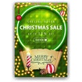 Special offer, Christmas sale, up to 50% off, green vertical discount banner with Christmas candle, old parchment, Christmas ball