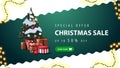 Special offer, Christmas sale, up to 50% off, green and white discount banner with wavy diagonal line, garland, green button. Royalty Free Stock Photo