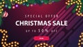 Special offer, Christmas sale, up to 50% off, horizontal purple discount banner with garland and Christmas tree branch