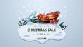 Special offer, Christmas sale, up to 50% off, modern discount banner with pines, drifts, mountain and Santa Sleigh with presents