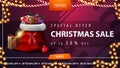 Special offer, Christmas sale, up to 50% off, purple horizontal discount banner with button, frame garland and Santa Claus bag Royalty Free Stock Photo