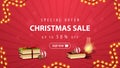 Special offer, Christmas sale, up to 50% off, red discount banner with antique lamp, Christmas books, Christmas ball and cone