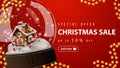 Special offer, Christmas sale, up to 50% off, red discount banner with large snow globe with Christmas gingerbread house inside