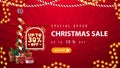 Special offer, Christmas sale, up to 30 off, red discount banner with North Pole sign with offer, garlands and button Royalty Free Stock Photo