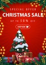 Special offer, Christmas sale, up to 50% off, red vertical discount banner with Christmas tree in a pot with gifts.