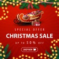 Special offer, Christmas sale, up to 50% off, square red discount banner with Christmas tree garland, bulb garland Royalty Free Stock Photo