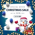 Special offer, Christmas sale, up to 50% off, white and blue discount banner with white, large brush strokes, balloons, garland Royalty Free Stock Photo