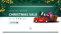 Special offer, Christmas sale, up to 50% off, white and green discount banner with button, frame of Christmas tree, garland. Royalty Free Stock Photo