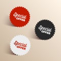 Special offer color banners. Black, red and white colored special offer icons.