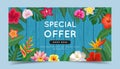 Special offer colorful banner with tropical flowers and leaves and wooden background. Circular frame. Vector