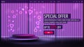 Special offer, discount banner with empty purple podium floating in the air with line neon pink and blue wall on background