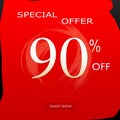 Special Offer Discount Banner With 90% Off Design & shop now Button On Red Background Royalty Free Stock Photo