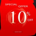 Special Offer Discount Banner With 10% Off Design & shop now Button On Red Background Royalty Free Stock Photo