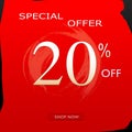 Special Offer Discount Banner With 20% Off Design & shop now Button On Red Background Royalty Free Stock Photo