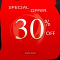 Special Offer Discount Banner With 30% Off Design & shop now Button On Red Background Royalty Free Stock Photo