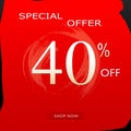 Special Offer Discount Banner With 40% Off Design & shop now Button On Red Background Royalty Free Stock Photo