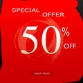 Special Offer Discount Banner With 50% Off Design & shop now Button On Red Background Royalty Free Stock Photo